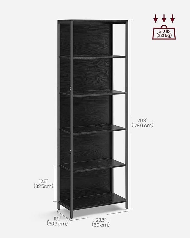 VASAGLE 6-Tier LED Bookshelf, Display Shelf with Dimmable Lights, LED Bookcase with Steel Frame, 11.9 x 23.6 x 70.3 Inches, for Living Room, Bedroom, Office, Black with Wood Grain ULLS120B56 - LeafyLoom