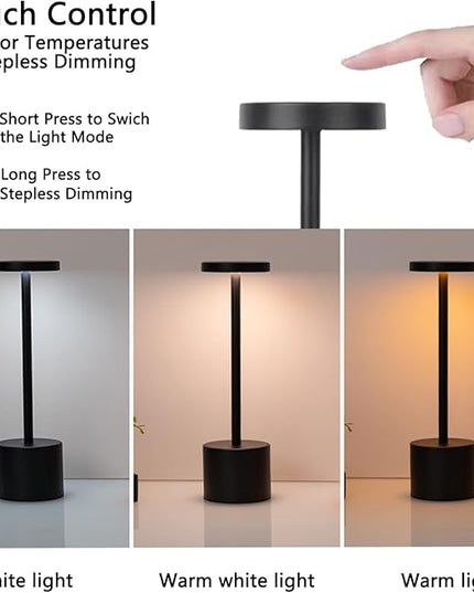 2 Pack Cordless Table Lamp Rechargeable 5000mAh Battery Operated Portable LED Desk Lamp 3 Color Temperature Stepless Dimming for Bedroom Restaurant Coffee Shop Party (Black) - LeafyLoom
