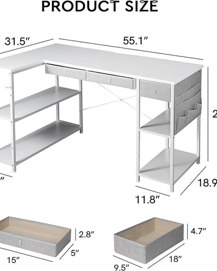 Ｍａｉｈａｉｌ Home Office Desk with Drawers and Shelves, 55” Computer Corner Desk for Small Space, Small L Shaped Desk with Side Storage for Bedroom, White - LeafyLoom