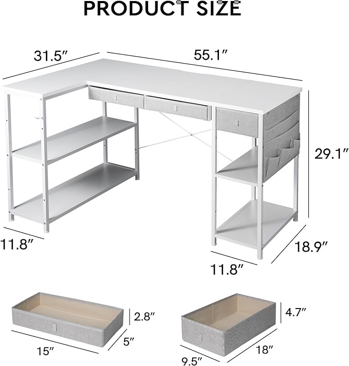 Ｍａｉｈａｉｌ Home Office Desk with Drawers and Shelves, 55” Computer Corner Desk for Small Space, Small L Shaped Desk with Side Storage for Bedroom, White - LeafyLoom