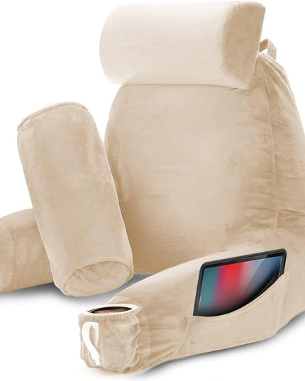 Nestl Reading Pillow with Portable Laptop Lap Desk, Velvet Feel Back Pillow for Sitting in Bed, Shredded Memory Foam Back Support Pillow for Bed, Bed Rest Pillow with Arms, Large - Cream - LeafyLoom