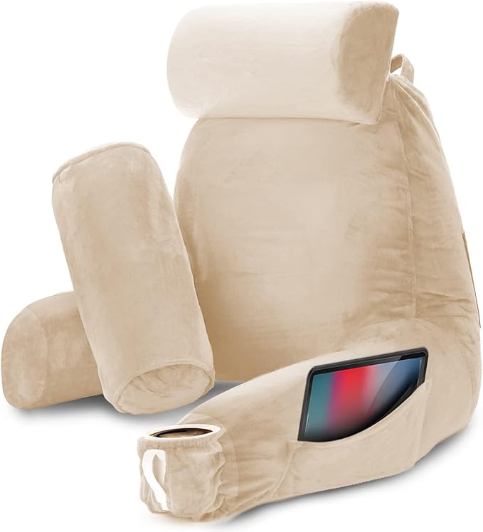 Nestl Reading Pillow with Portable Laptop Lap Desk, Velvet Feel Back Pillow for Sitting in Bed, Shredded Memory Foam Back Support Pillow for Bed, Bed Rest Pillow with Arms, Large - Cream - LeafyLoom