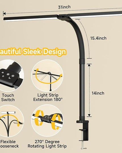SKYLEO Desk Lamp - Double Head LED Desk Light for Home office - 24W Eye Caring - Touch Control - 5 Color Modes X 11 Brightness Levels - 2400LM - Timmer & Memory Function - Black - LeafyLoom