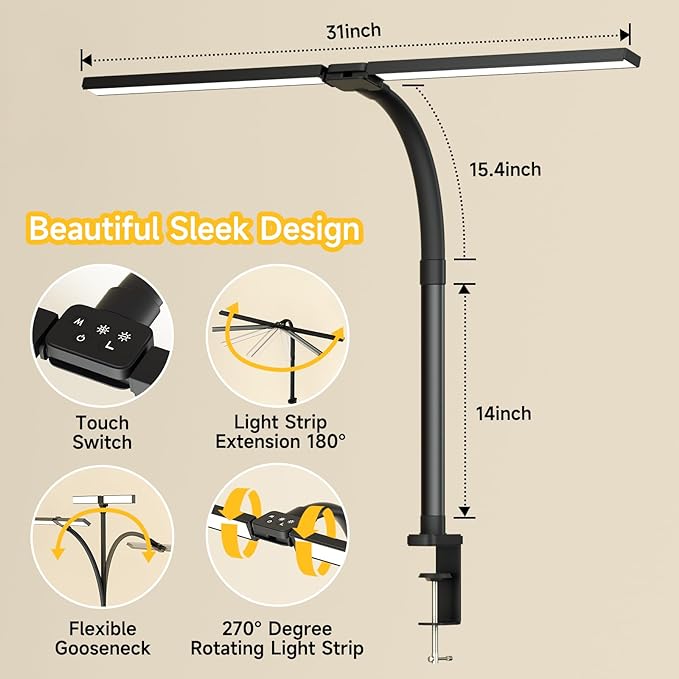SKYLEO Desk Lamp - Double Head LED Desk Light for Home office - 24W Eye Caring - Touch Control - 5 Color Modes X 11 Brightness Levels - 2400LM - Timmer & Memory Function - Black - LeafyLoom