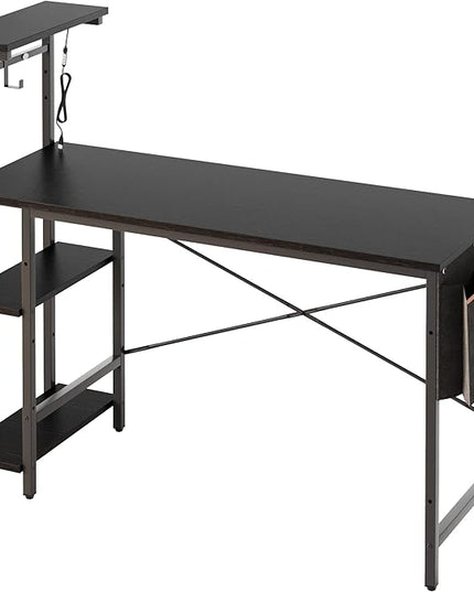 Bestier Gaming Desk with LED Lights, Computer Desk with 4 Tiers Reversible Shelves, 51.3 Inch Home Office Writing Desk with Side Storage Bag, Hooks and Height Adjustable Shelf (Black Grained) - LeafyLoom