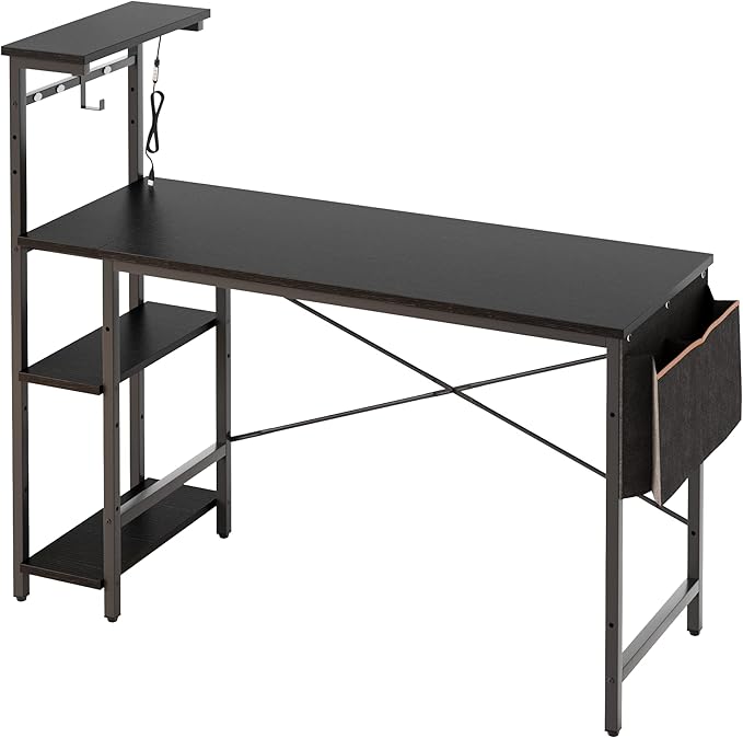 Bestier Gaming Desk with LED Lights, Computer Desk with 4 Tiers Reversible Shelves, 51.3 Inch Home Office Writing Desk with Side Storage Bag, Hooks and Height Adjustable Shelf (Black Grained) - LeafyLoom