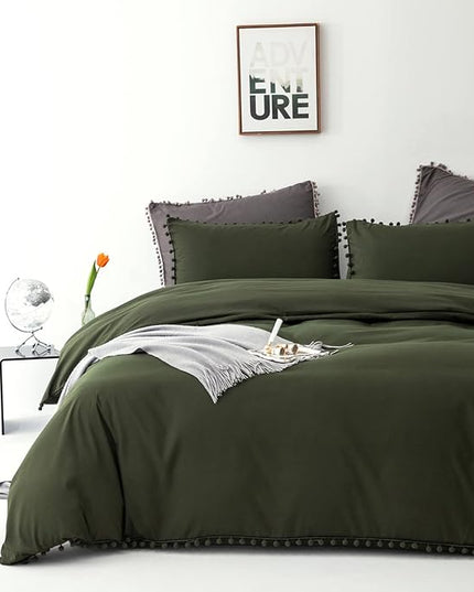 Army Green Comforter Cal King Dark Green Pom Green Comforter 3 PCs Soft Olive Green Boho Ball Pom Fringe California King Comforter Bedding Set Women Solid Dark Green Bed Comforter All Season - LeafyLoom