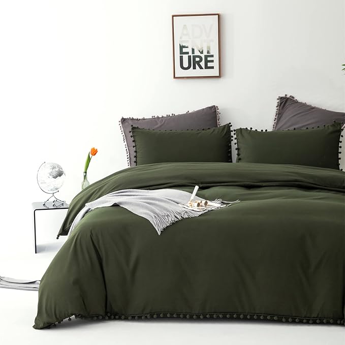 Army Green Comforter Cal King Dark Green Pom Green Comforter 3 PCs Soft Olive Green Boho Ball Pom Fringe California King Comforter Bedding Set Women Solid Dark Green Bed Comforter All Season - LeafyLoom