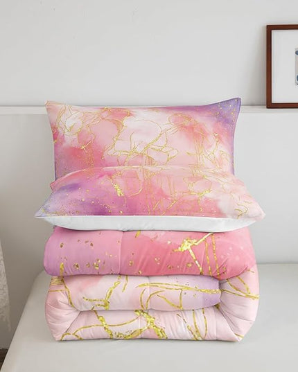 Pink Marble Comforter Set Twin for Girls, Gold Giltter Bronzing Bedding Marble Decor Tie Dye Marbling Bedding Comforter Sets for Kids Teens Women, Tie Dye Fluid Abstract Quilt with 1 Pillowcase - LeafyLoom