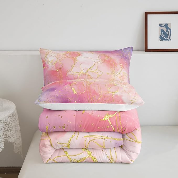 Pink Marble Comforter Set Twin for Girls, Gold Giltter Bronzing Bedding Marble Decor Tie Dye Marbling Bedding Comforter Sets for Kids Teens Women, Tie Dye Fluid Abstract Quilt with 1 Pillowcase - LeafyLoom