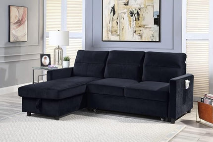 LOVMOR 83'' L-Shape Convertible Sleeper Sectional Sofa with Storage Chaise and Pull-Out Bed, Button Tufted Backrest, Velvet Reversible Corner 3 Person Couch, for Living Room, Apartment, Black, 83 Inch - LeafyLoom