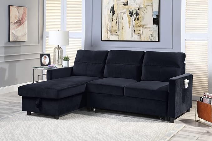 Reversible Velvet Sectional Sofa Sleeper with Storage Chaise and Side Pocket, Convertible Pull Out Couch Bed w/Cup Holder, USB Charging Port, Black, 81.5 - LeafyLoom