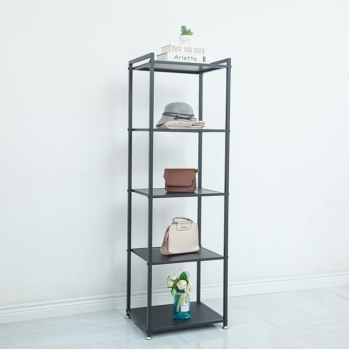 Display Shelf, 5-Tier Shelf Stand, Black Metal Thin Narrow Tall Large Corner Shelf Bookshelf Freestanding for Bedroom Shop Commercial Retail Storage(19.7x15.7x63)… - LeafyLoom