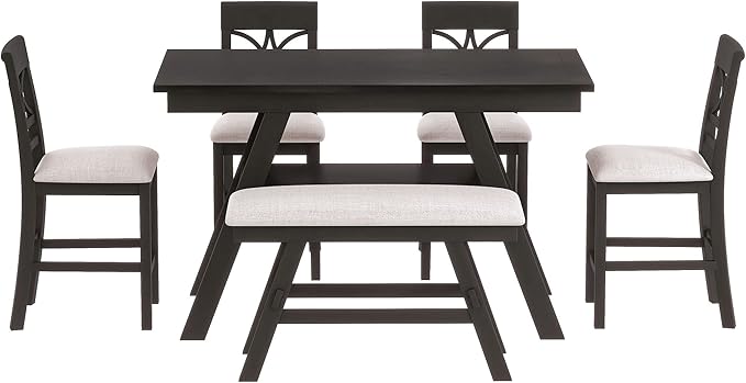 6-Piece Dining Room Table Set, Wood Counter Height Dining Table Set with Storage Shelf, 4 Upholstered Chairs and Bench, Kitchen Table and Chair Set for Dining Room, Espresso+Beige - LeafyLoom
