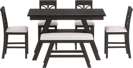 Wood Rustic Counter Height Dining Set for 5-6, Rectangular Table with Storage Shelf, Bench, and 4 Chairs, Espresso+Beige Cushion, 6 - LeafyLoom