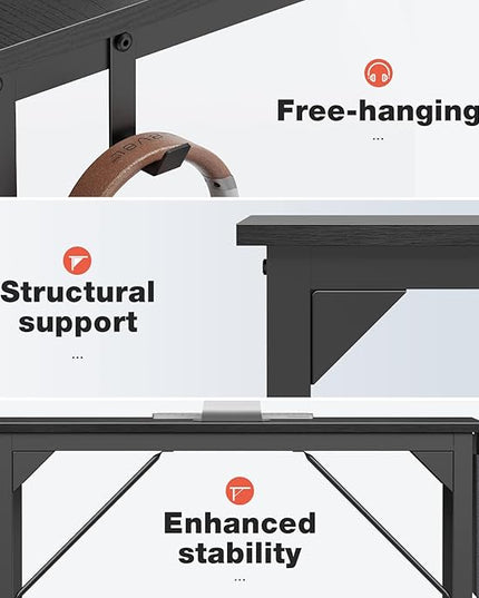 OLIXIS Computer Desk 63 Inch Home Office Work Study Writing Student Kids Bedroom Wood Modern Simple 2 Person PC Table with Storage Bag & Headphone Hooks, Normal Black - LeafyLoom