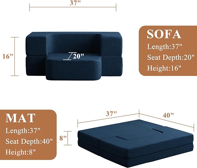 Convertible Folding Sofa - Modern Linen Fabric Coffee Table, Foldable Floor & Futon Couch, with Pillow for Living Room/Dorm/Guest Room/Home Office/Apartment,Single (2 in 1),Navy Blue - LeafyLoom