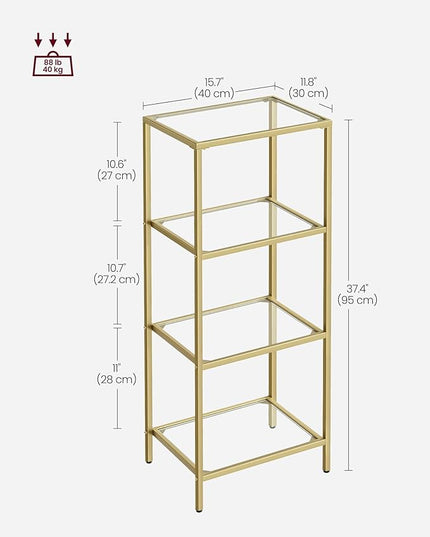 VASAGLE Bookcase, 4-Tier Bookshelf, Slim Shelving Unit for Bedroom, Bathroom, Home Office, Tempered Glass, Steel Frame, Metallic Gold ULGT28G - LeafyLoom
