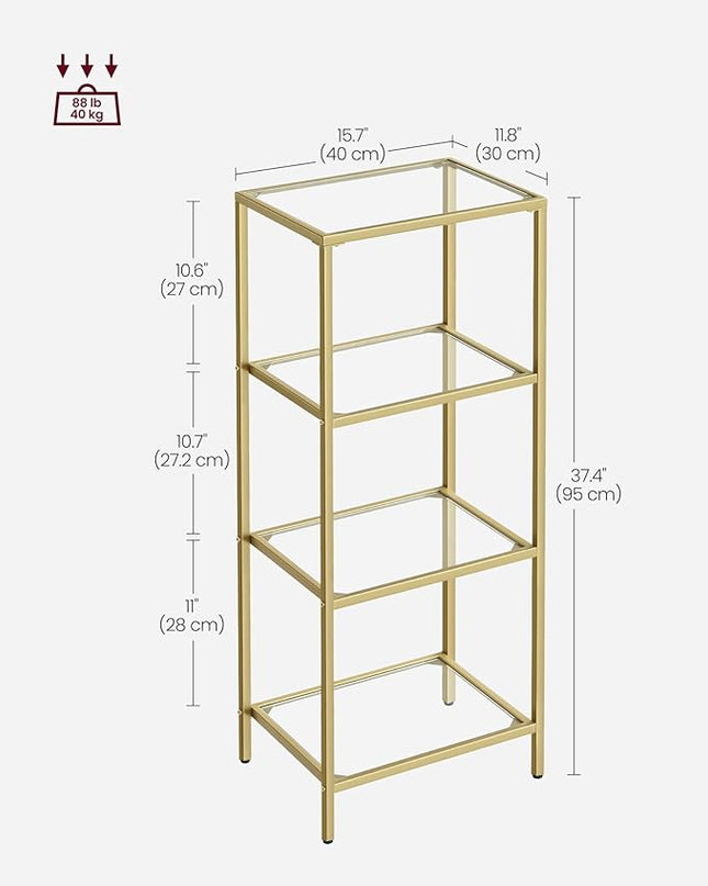 VASAGLE Bookcase, 4-Tier Bookshelf, Slim Shelving Unit for Bedroom, Bathroom, Home Office, Tempered Glass, Steel Frame, Metallic Gold ULGT28G - LeafyLoom