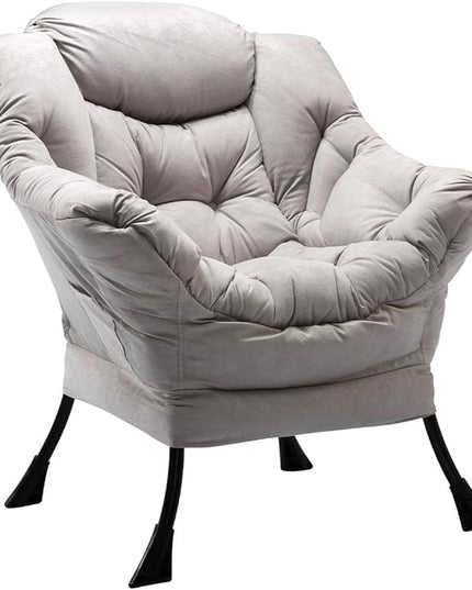 HollyHOME Modern Fabric Large Lazy Chair, Accent Oversized Comfy Reading Chair, Thick Padded Cozy Lounge Chair with Armrest, Single Steel Frame Leisure Sofa Chair for Living Room, Bedroom, Dorm, Grey - LeafyLoom