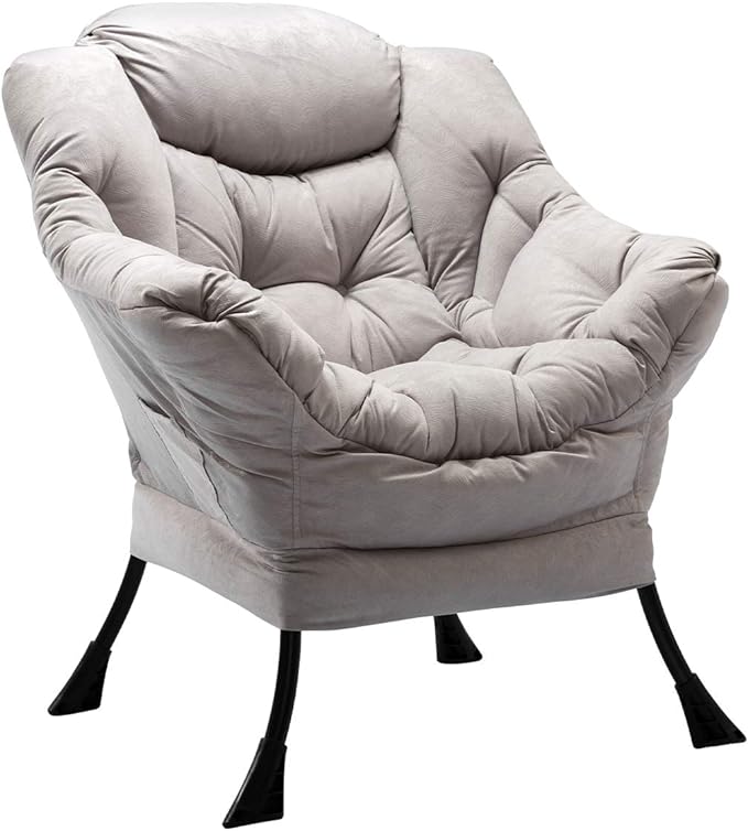 HollyHOME Modern Fabric Large Lazy Chair, Accent Oversized Comfy Reading Chair, Thick Padded Cozy Lounge Chair with Armrest, Single Steel Frame Leisure Sofa Chair for Living Room, Bedroom, Dorm, Grey - LeafyLoom