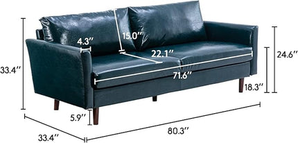 Dreamsir 80'' Faux Leather Sofa Couch, Mid-Century Modern Couch with Solid Wooden Frame & Padded Cushions, 3-Seater Couch for Living Room, Apartment, Lounge Room (Peacock Blue) - LeafyLoom