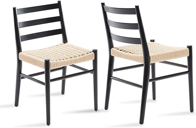 STARY Wood Rattan Dining Room Chairs Comfortable Woven Seat, Fully Assembled, New Black - Set of 2 - LeafyLoom
