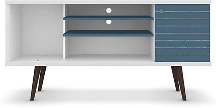 Manhattan Comfort Liberty Mid Century Modern TV Stand for Televisions up to 50 Inches, Bedroom and Living Room Entertainment Center with Storage, Shelves, and Cabinet, 53" Wide, White and Aqua Blue - LeafyLoom