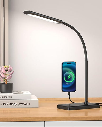 KEXIN LED Desk Lamp Touch Control Desk Lamp with USB Charging Port 5 Color Modes 6 Brightness Levels Dimmable Eye-caring Office Lamp with Memory Function 1h Timer Adjustable Gooseneck Table Lamp Black - LeafyLoom