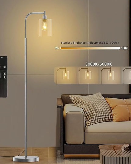 PAZZO LED Floor Lamp, Industrial Standing Lamp with Glass Lampshade, Ideal for Living Room, Bedroom, and Office,Silver(includes Remote Control) - LeafyLoom