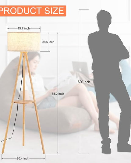 Wood Tripod Floor Lamp with Shelves,Linen Shade Modern Mid Century Wooden Standing Floor lamp for Living Room,with Three Color temparature Bulb Included,ETL Listed/Natural Wood Color - LeafyLoom