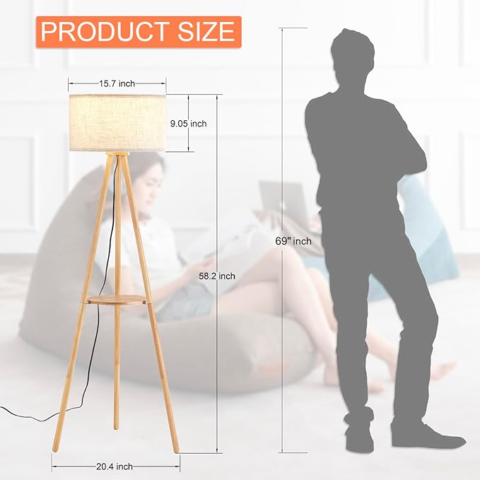 Wood Tripod Floor Lamp with Shelves,Linen Shade Modern Mid Century Wooden Standing Floor lamp for Living Room,with Three Color temparature Bulb Included,ETL Listed/Natural Wood Color - LeafyLoom