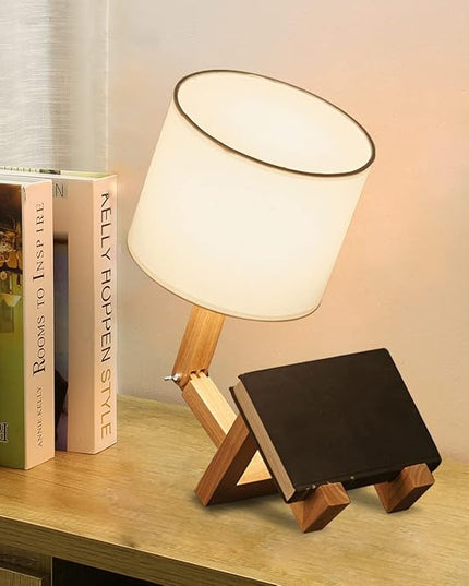 ELINKUME Robot Desk Lamp Set of 2, Creative Bedside Lamp for Bedroom,Wooden Lamp Body Adjustable,DIY E26 Living Room Table Lamps with Fabric Shade,Modern Indoor Decorative Lighting - LeafyLoom