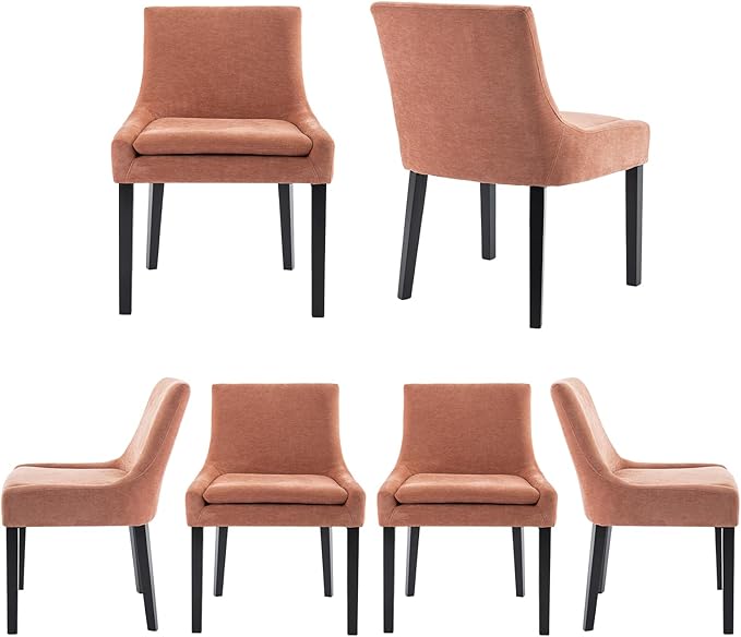 COLAMY Modern Dining Chairs Set of 6, Upholstered Corduroy Accent Side Leisure Chairs with Mid Back and Wood Legs for Living Room/Dining Room-Pink - LeafyLoom