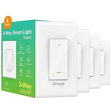 GHome Smart Switch, 3 Way Wi-Fi Light Switch Compatible with Alexa and Google Home, 2.4GHz Schedule Timer, Neutral Wire Required, 3-Way Installation, FCC Listed (4-Pack),White GhomeSmart
