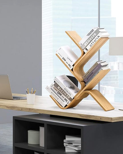 4-Tier Floor Bamboo Tree Bookshelf, Modern Standing Bookcase Office Book Storage Creative Curved Rack Organizer Shelves, Book Shelf Space Saver for Home Living Room Corner Bedroom - LeafyLoom