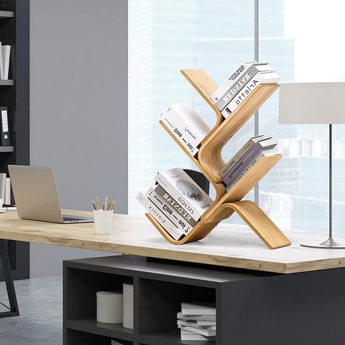 4-Tier Floor Bamboo Tree Bookshelf, Modern Standing Bookcase Office Book Storage Creative Curved Rack Organizer Shelves, Book Shelf Space Saver for Home Living Room Corner Bedroom - LeafyLoom