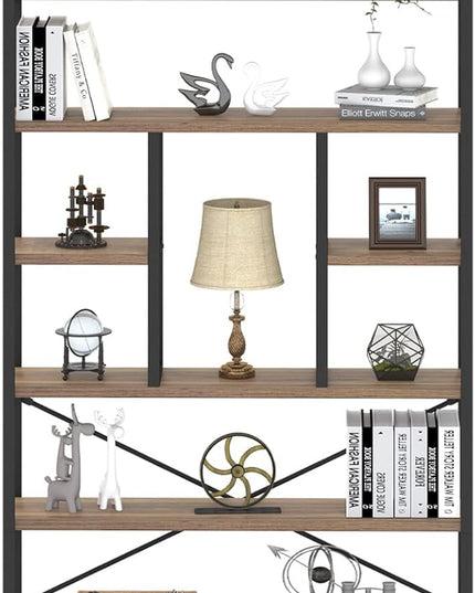 LVB Tall Industrial Etagere Bookcase, Modern Wood Large Open 6 Tier Bookshelf, Vintage Wide Metal Book Shelf Organizer, Farmhouse Book Shelves for Bedroom Living Room Home Office Storage, Rustic Oak - LeafyLoom