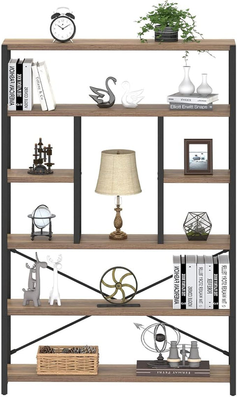 LVB Tall Industrial Etagere Bookcase, Modern Wood Large Open 6 Tier Bookshelf, Vintage Wide Metal Book Shelf Organizer, Farmhouse Book Shelves for Bedroom Living Room Home Office Storage, Rustic Oak - LeafyLoom
