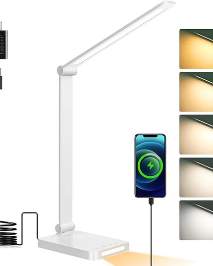 Dott Arts LED Desk Lamp with USB Ports,Touch Desk Lamps for Home Office with 5 Color Modes,3 Brightness Desk Light with Small Night Light,Reading Lamp Table LED Lamp for Bedroom Bedsid Study White - LeafyLoom