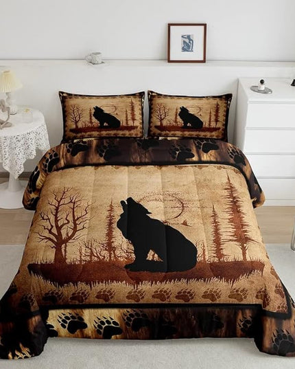 Feelyou Cute Wolf Comforter Set for Girls Boys Kids Wolves Howling Bedding Set Room Decorative Animal Wolves Tree Pattern Bedding Set Exotic Style Brown Black Duvet Set Queen Size 3Pcs Quilt Set - LeafyLoom