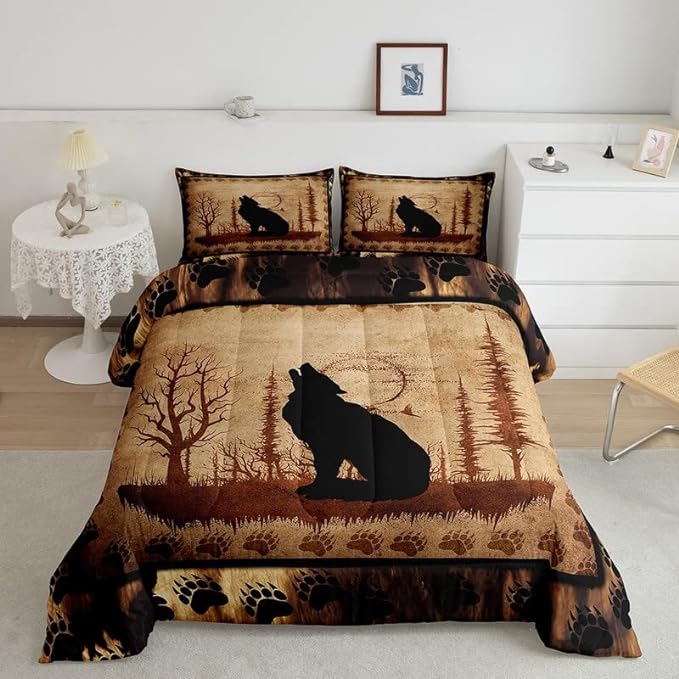Feelyou Cute Wolf Comforter Set for Girls Boys Kids Wolves Howling Bedding Set Room Decorative Animal Wolves Tree Pattern Bedding Set Exotic Style Brown Black Duvet Set Queen Size 3Pcs Quilt Set - LeafyLoom