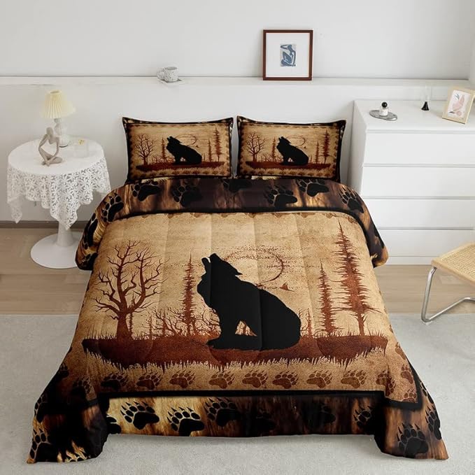 Feelyou Cute Wolf Comforter Set for Girls Boys Kids Wolves Howling Bedding Set Room Decorative Animal Wolves Tree Pattern Bedding Set Exotic Style Brown Black Duvet Set King Size 3Pcs Quilt Set - LeafyLoom
