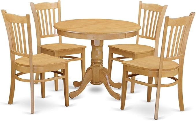 East West Furniture Antique 5 Piece Kitchen Set Includes a Round Room Table with Pedestal and 4 Dining Chairs, 36x36 Inch, Oak - LeafyLoom