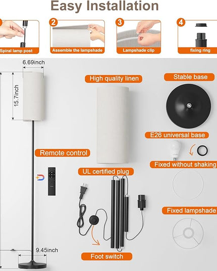 LED Floor Lamp for Living Room, Dimmable Standing Lamps with Foot Switch,Remote Custom Color Temperature Black Pole Lamp with Lampshade,12W Led Bulb Tall Lamps for Bedroom Office Kid Room - LeafyLoom