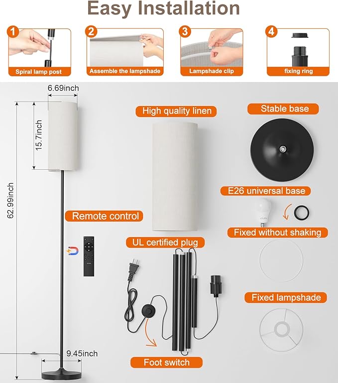 LED Floor Lamp for Living Room, Dimmable Standing Lamps with Foot Switch,Remote Custom Color Temperature Black Pole Lamp with Lampshade,12W Led Bulb Tall Lamps for Bedroom Office Kid Room - LeafyLoom