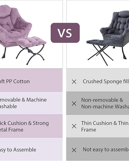 Oversized Chair with Ottoman, Modern Chair with Folding Footrest, Lounge Accent Chair, Comfortable Reading Chair for Bedroom, Study, Living Room, Courtyard (Plush Purple) - LeafyLoom