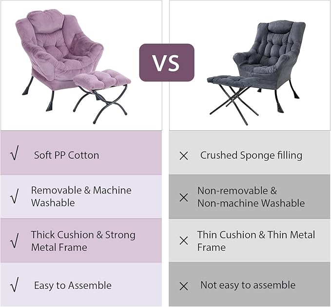 Oversized Chair with Ottoman, Modern Chair with Folding Footrest, Lounge Accent Chair, Comfortable Reading Chair for Bedroom, Study, Living Room, Courtyard (Plush Purple) - LeafyLoom