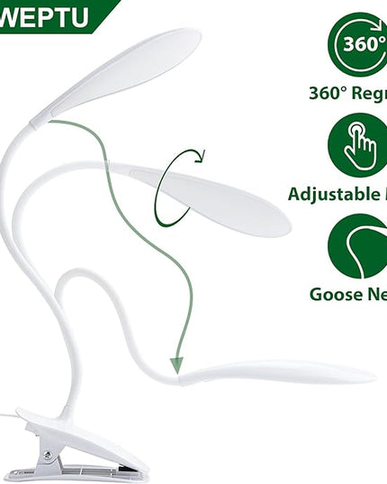 LED Desk Lamp Eye-caring Clamp Light Clamp Lamps Reading Lights with USB Port, 360°Flexible Gooseneck Bed Night Light (Include AC Power Plug) - LeafyLoom