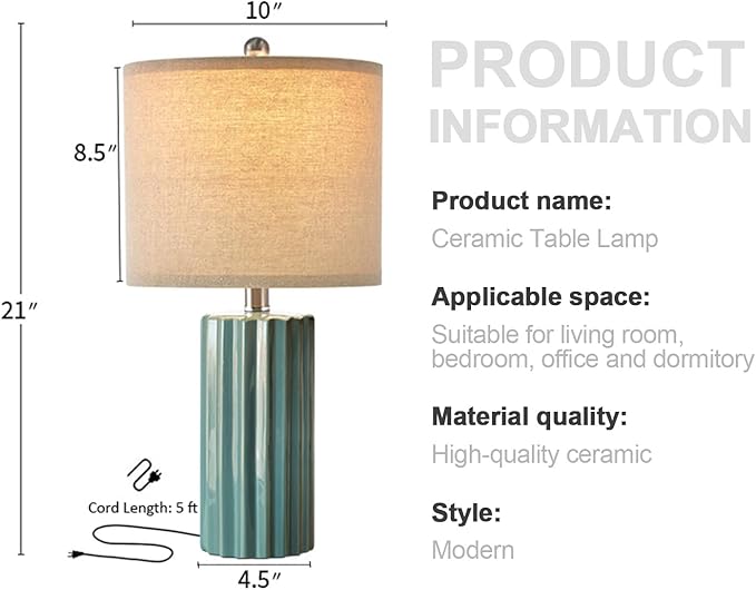 Oneach 21'' Farmhouse Ceramic Table Lamp Set of 2 for Bedroom Living Room House Decor Deep Blue Desk Lamps Home Office Dorm Rustic Modern Style Lamp - LeafyLoom